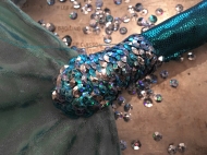 The beginning of the sequin scales! I am sewing them on, one by one.